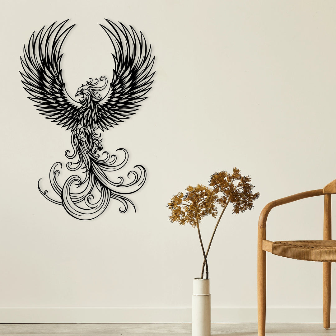 Intricately designed black metal phoenix wall decoration.