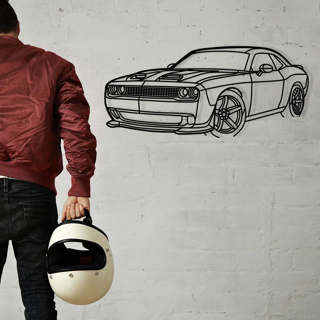 Muscle car-inspired metal decor showing detailed grille and body lines.