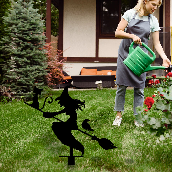 Witch with Broomstick Metal Garden Sign