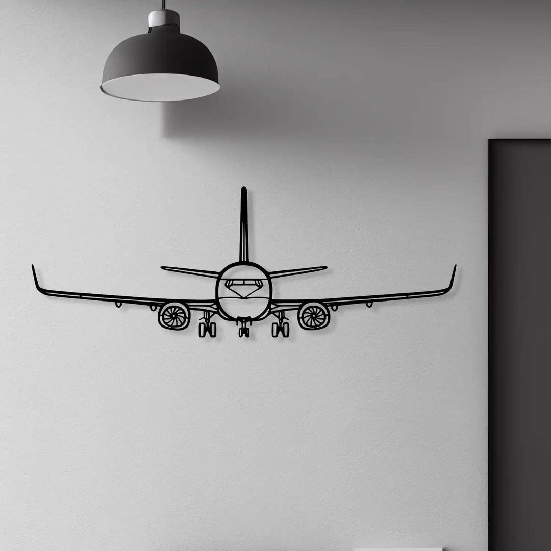Wireframe jet wall art mounted on a white wall in a modern space.
