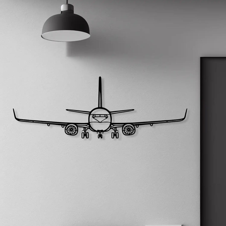 Wireframe jet wall art mounted on a white wall in a modern space.