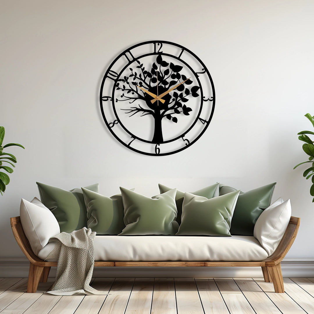 METAL WALL CLOCK WITH TREE DETAIL