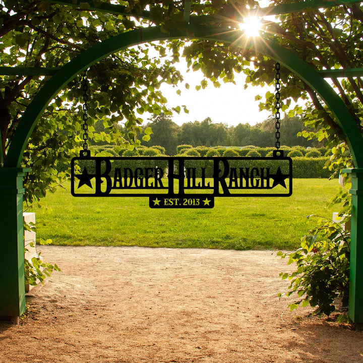 Custom Hanging Ranch Sign - Personalized Metal Outdoor Entrance Plaque with Chains - 2 