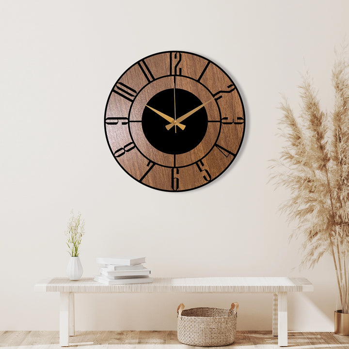 METAL WALL CLOCK WITH WOODEN BACKGROUND