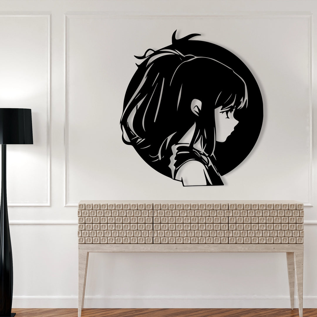 Special anime wall decor created using laser-cut techniques on black metal.