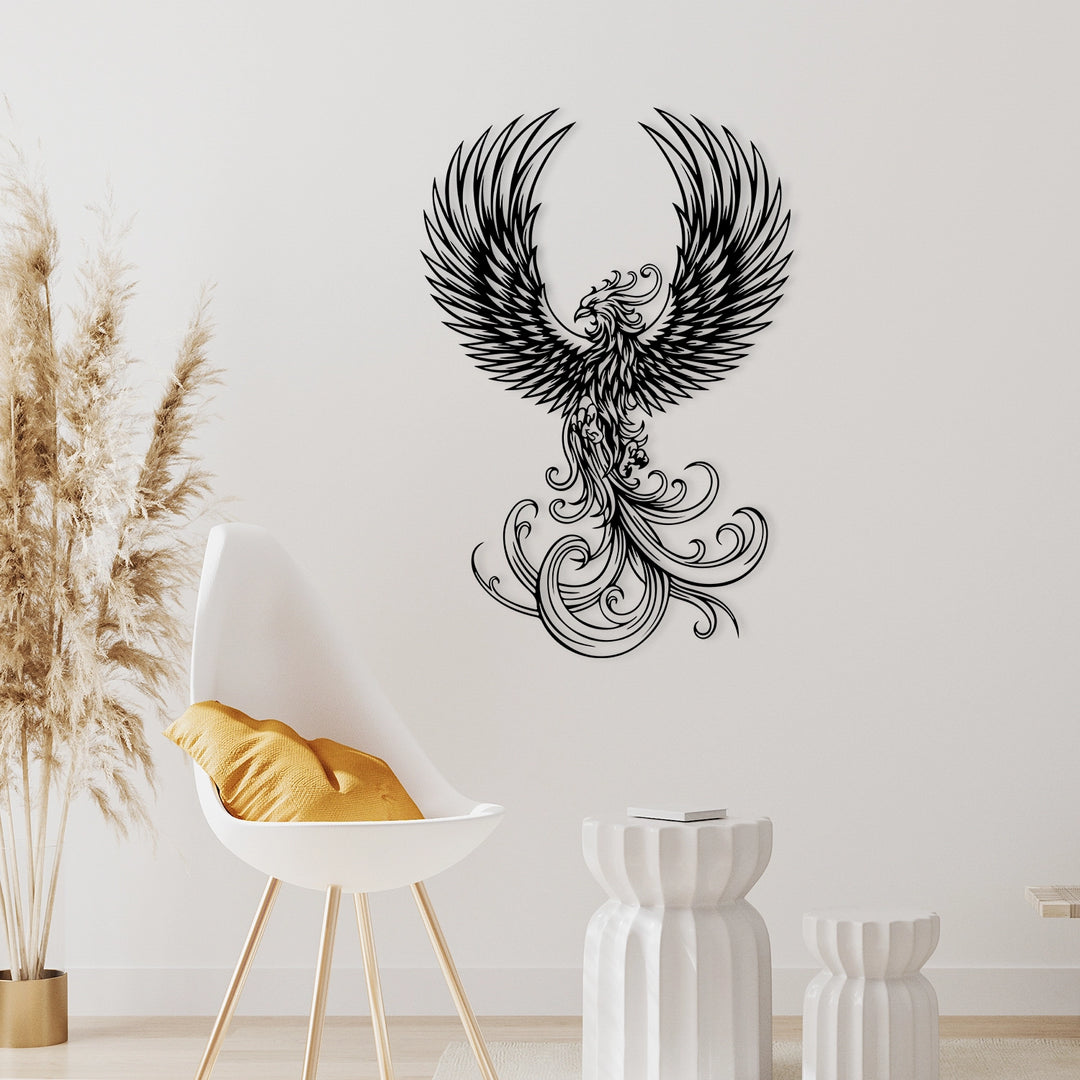 Elegant black metal phoenix artwork for modern interiors.