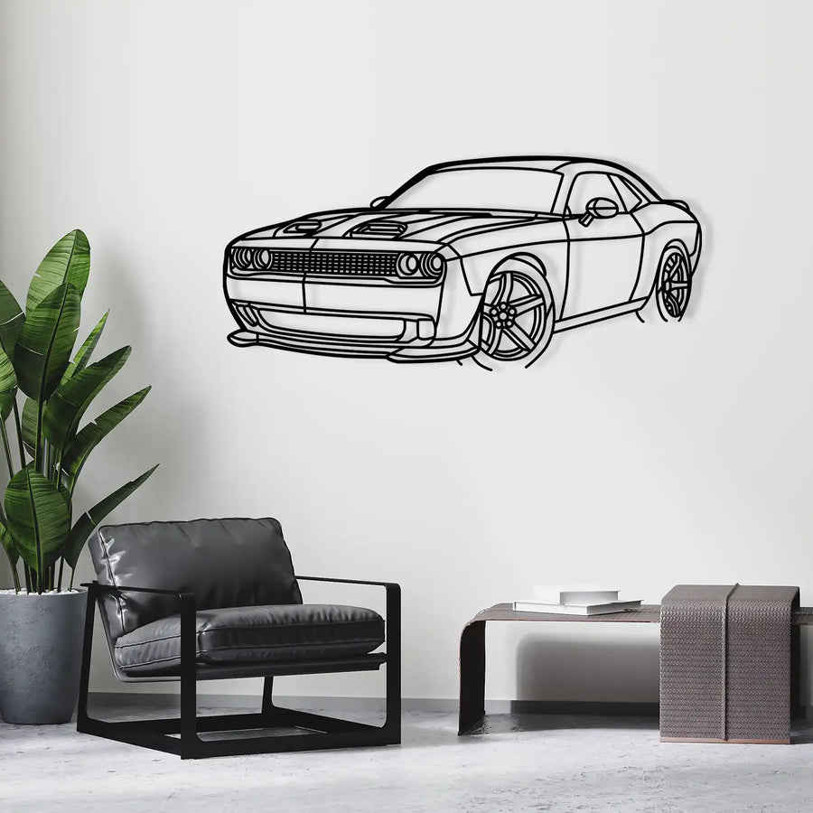 Aggressive front view of Dodge Challenger wall art displayed in a workspace.