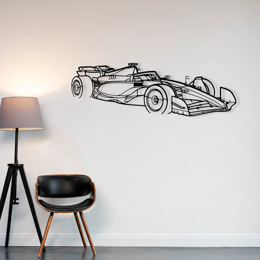 Side view of a metal Formula 1 Speedster silhouette mounted on a light wall.