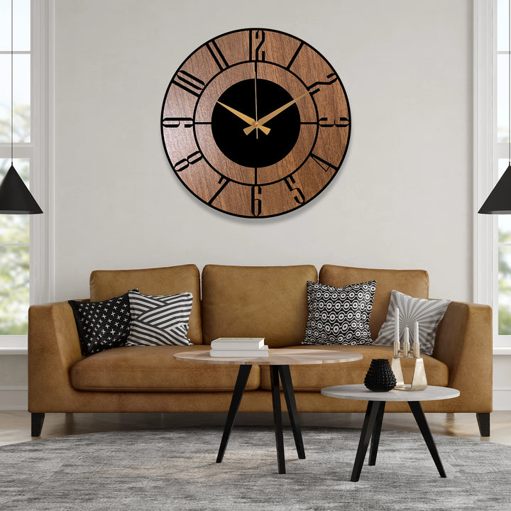 METAL WALL CLOCK WITH WOODEN BACKGROUND