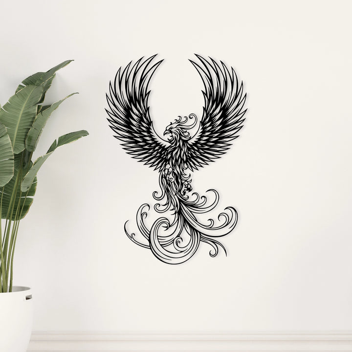 Black metal phoenix wall art with intricate detailing.