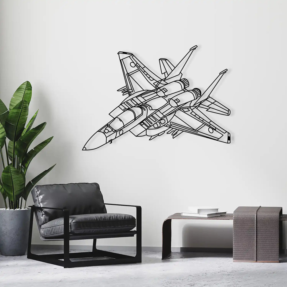 Black metal wireframe silhouette of an air force jet mounted on a white wall.