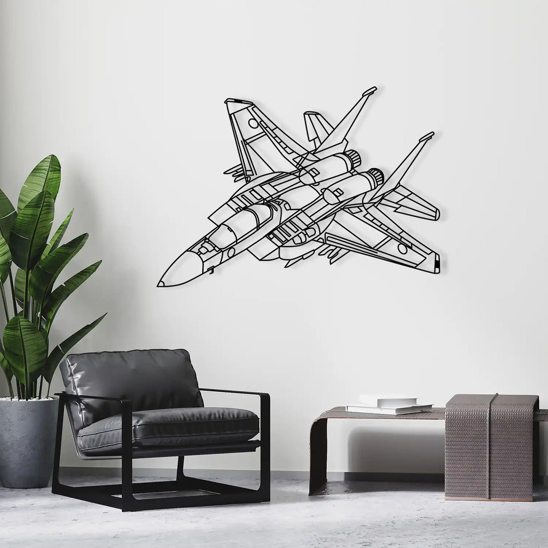 Black metal wireframe silhouette of an air force jet mounted on a white wall.