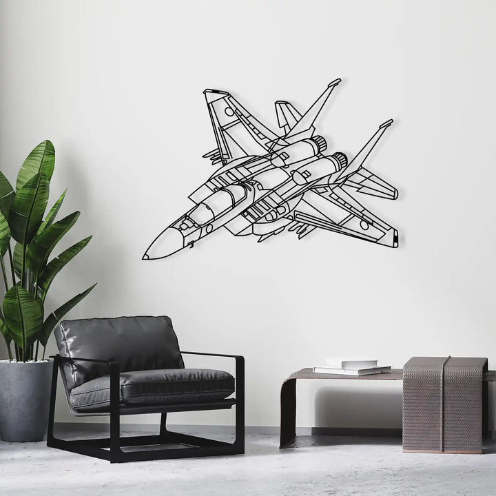 Black metal wireframe silhouette of an air force jet mounted on a white wall.