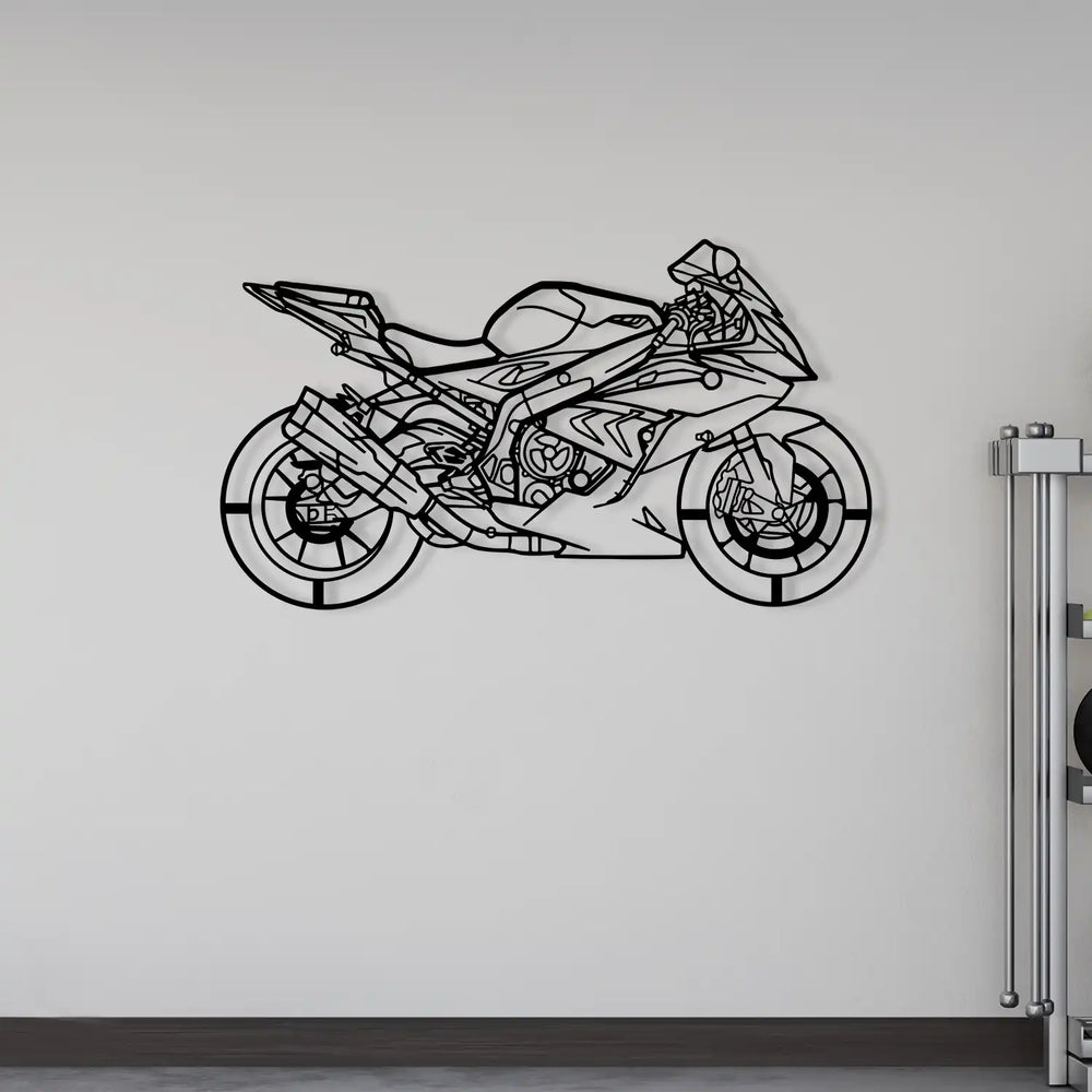 Contemporary metal wall ornament showcasing a sportbike design.