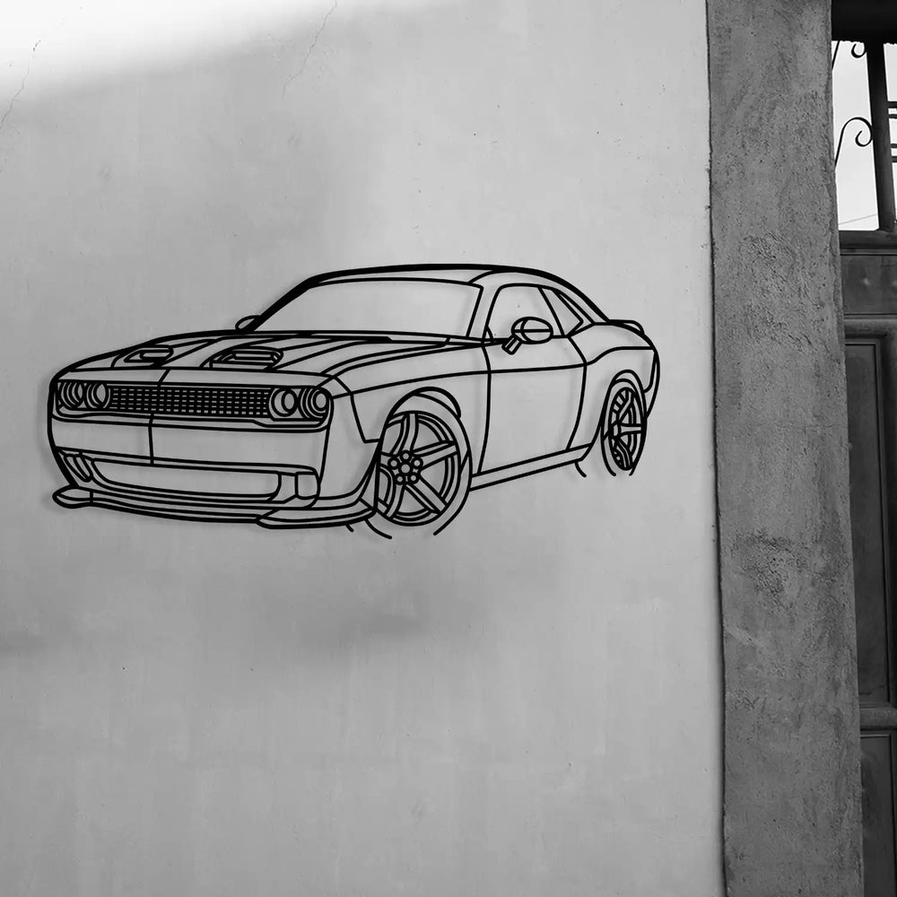 Black metal silhouette of a 2019 Dodge Challenger mounted on a white wall.