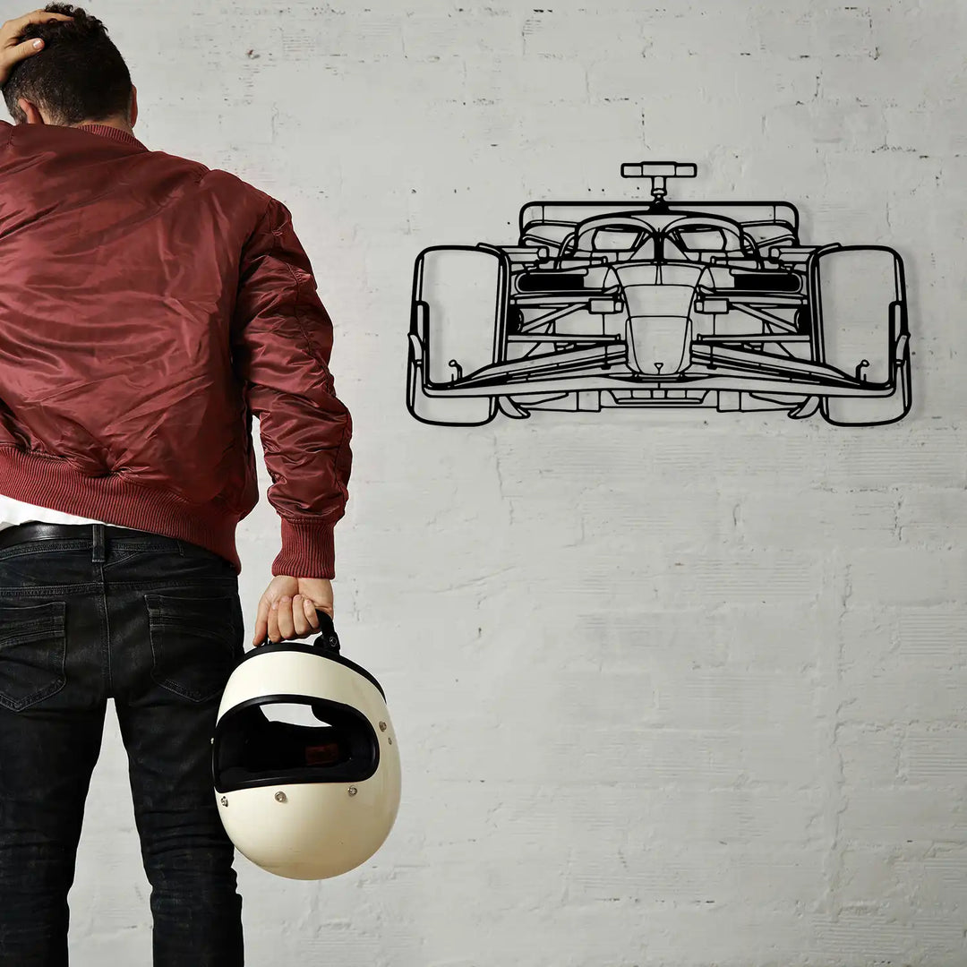 Precision-cut F1 wall decor adding a racing vibe to a cozy lounge space.