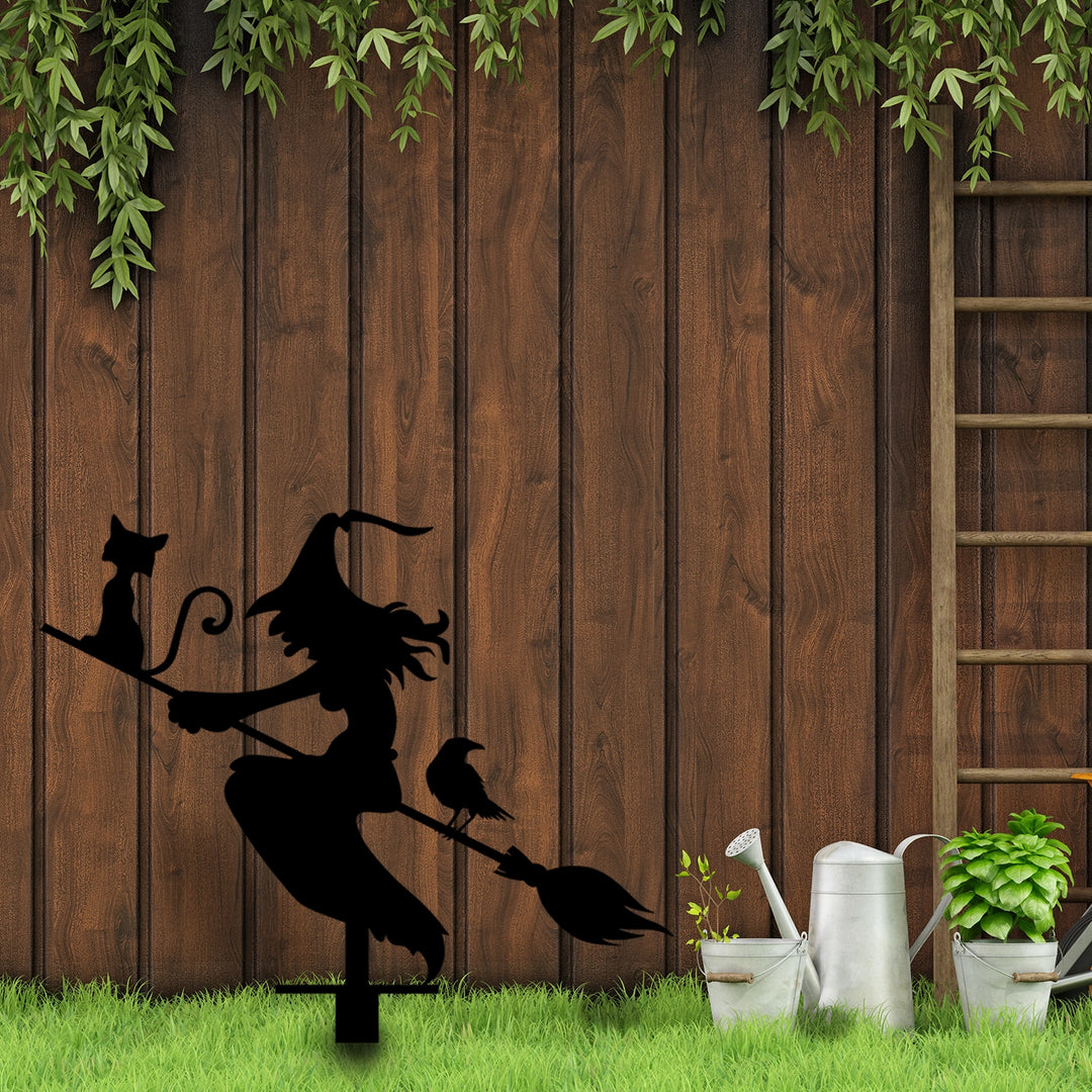 Witch with Broomstick Metal Garden Sign