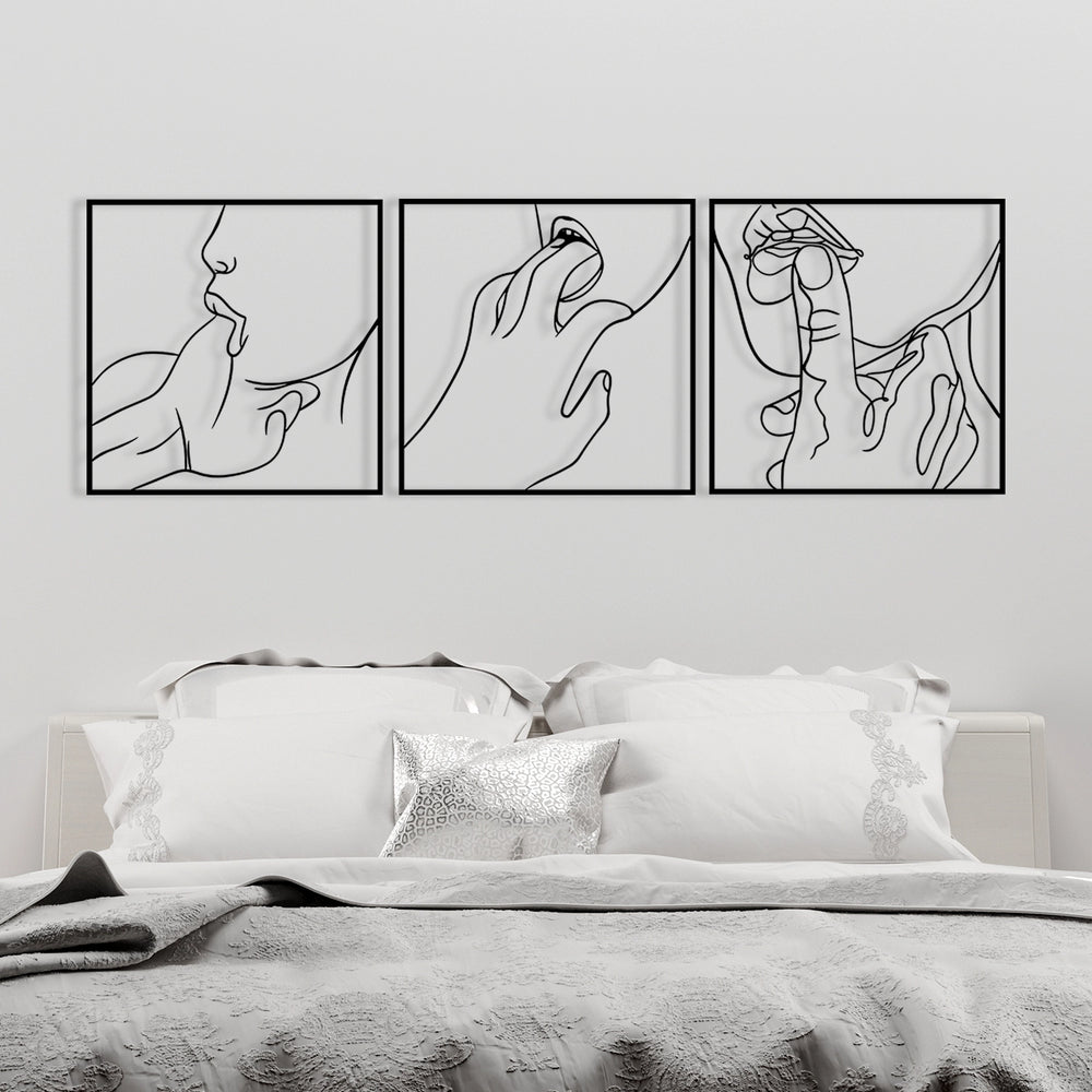 Three-panel metal wall art featuring abstract sensual line drawings.