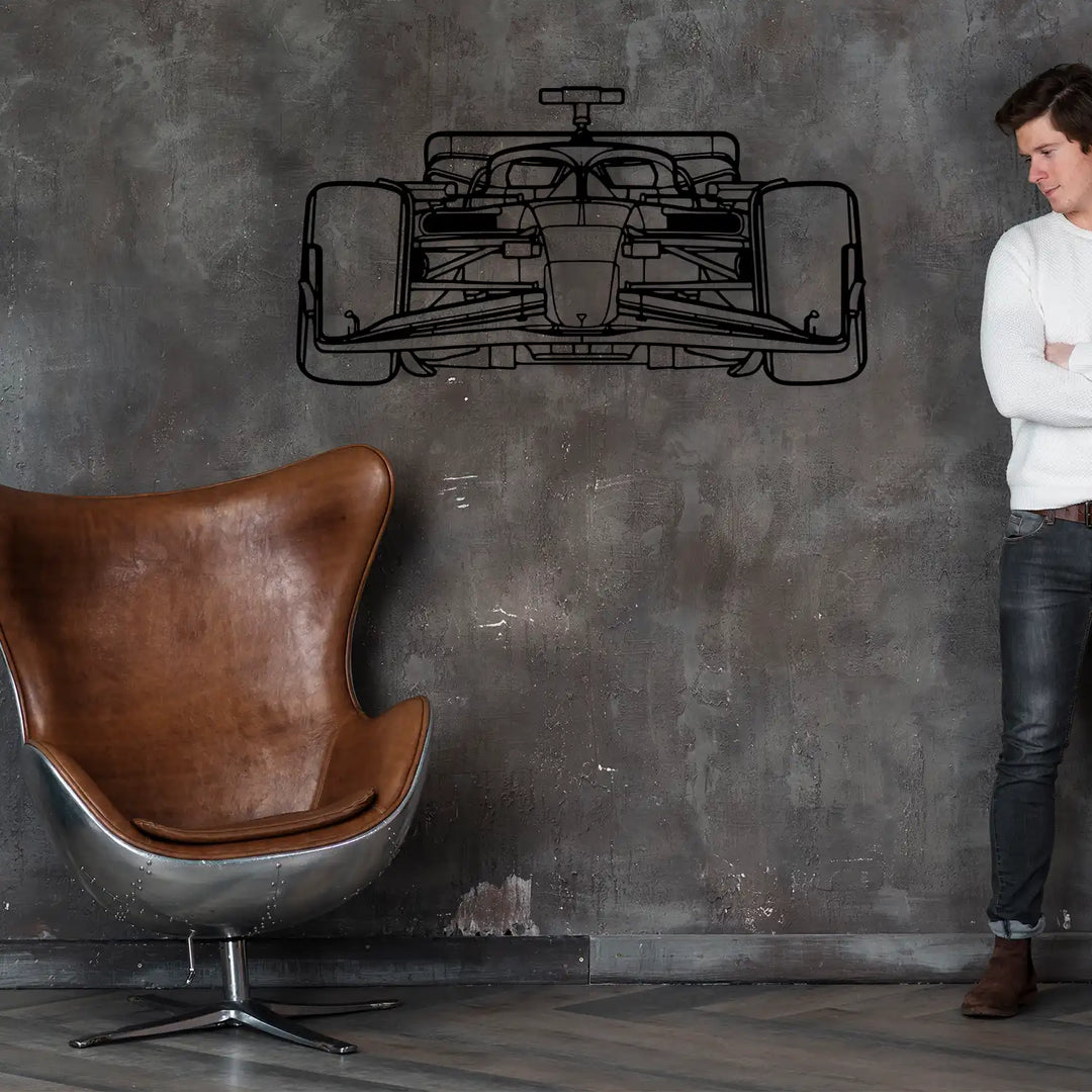 Close-up of Formula 1 wall decor showing aerodynamic metal line work.