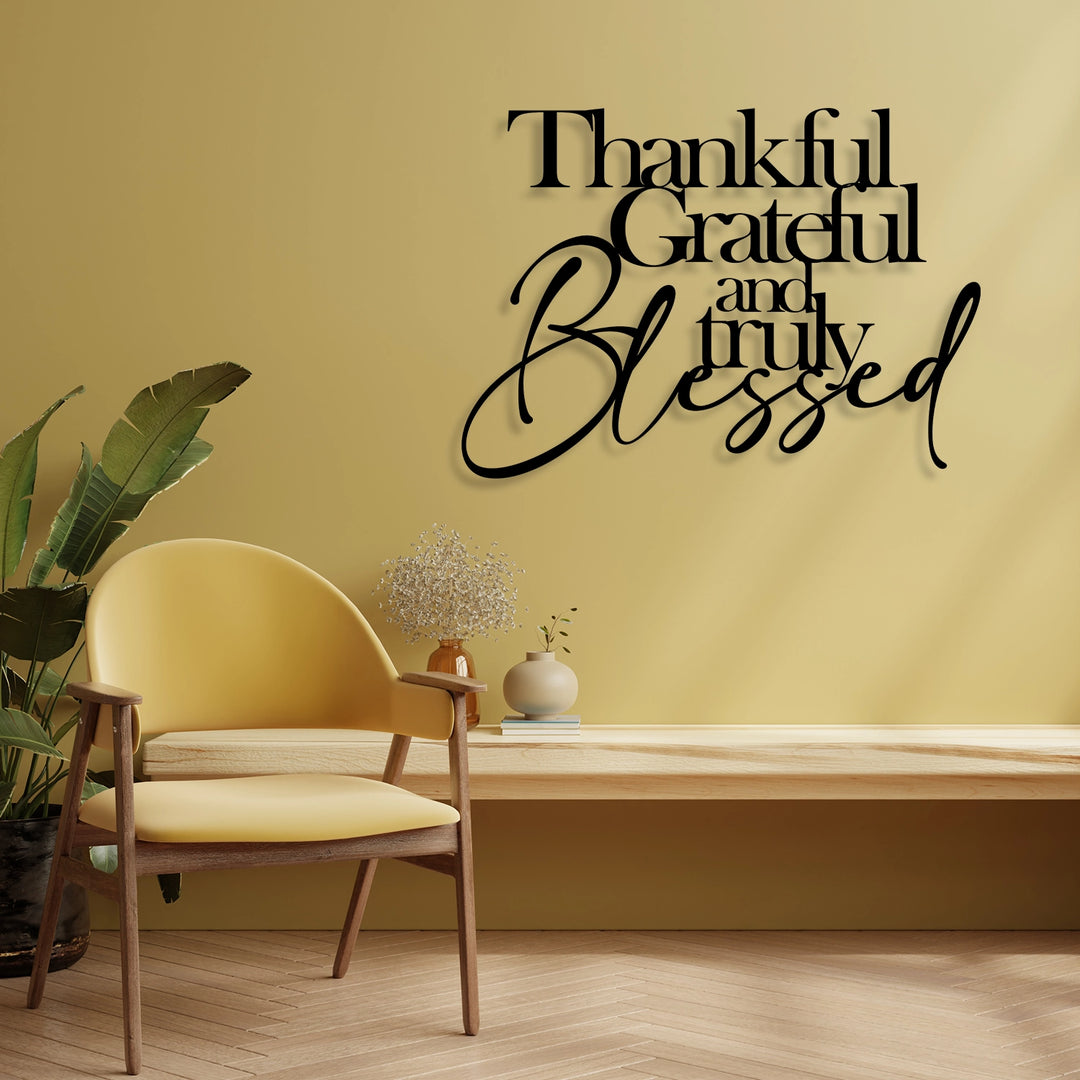 Inspirational 'Thankful, Grateful, Blessed' metal wall sign for home decor.