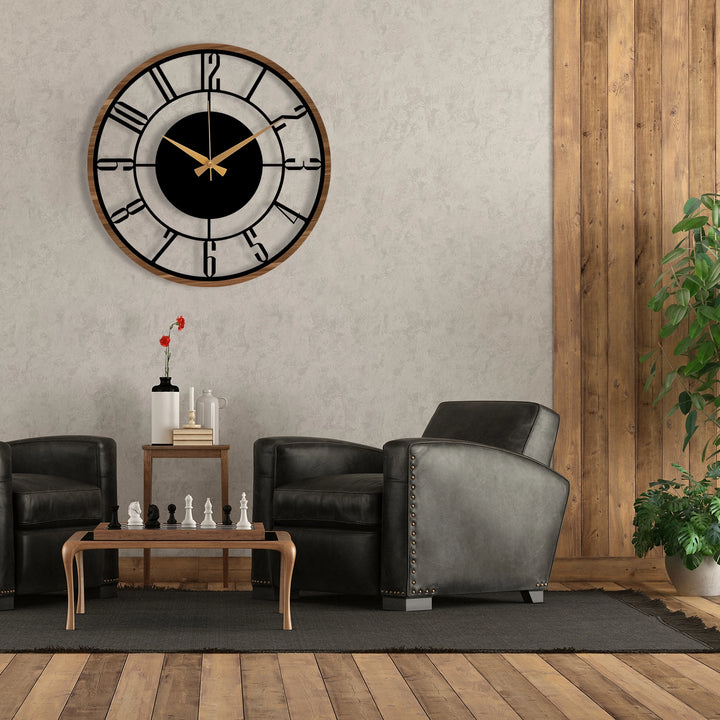 METAL WALL CLOCK with Wooden Corners