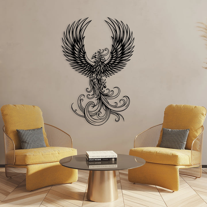 Rising phoenix metal wall decor, symbolizing rebirth and strength.