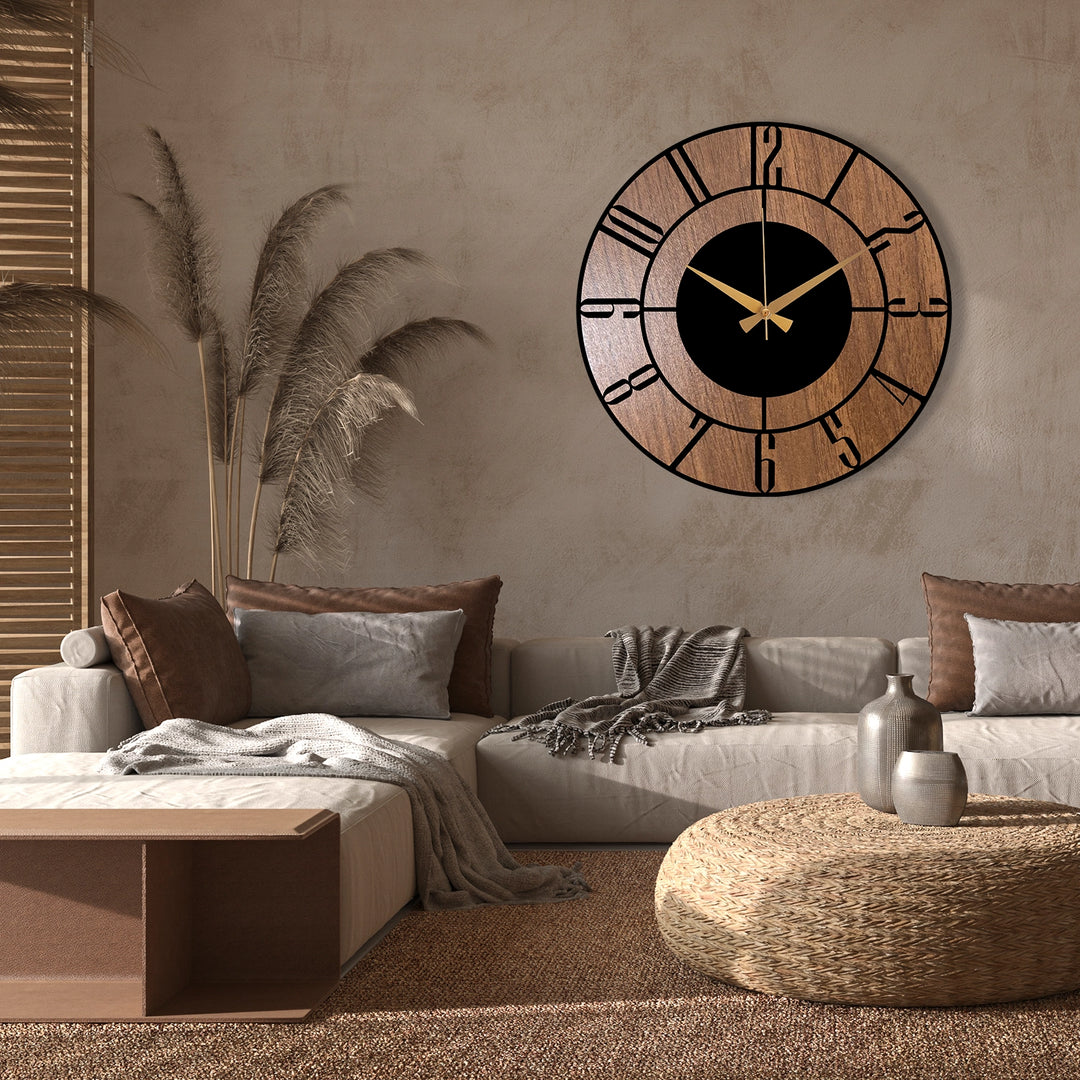 METAL WALL CLOCK WITH WOODEN BACKGROUND