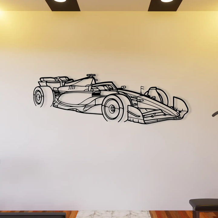 Detailed side profile of a racing car in black metal, mounted effortlessly.