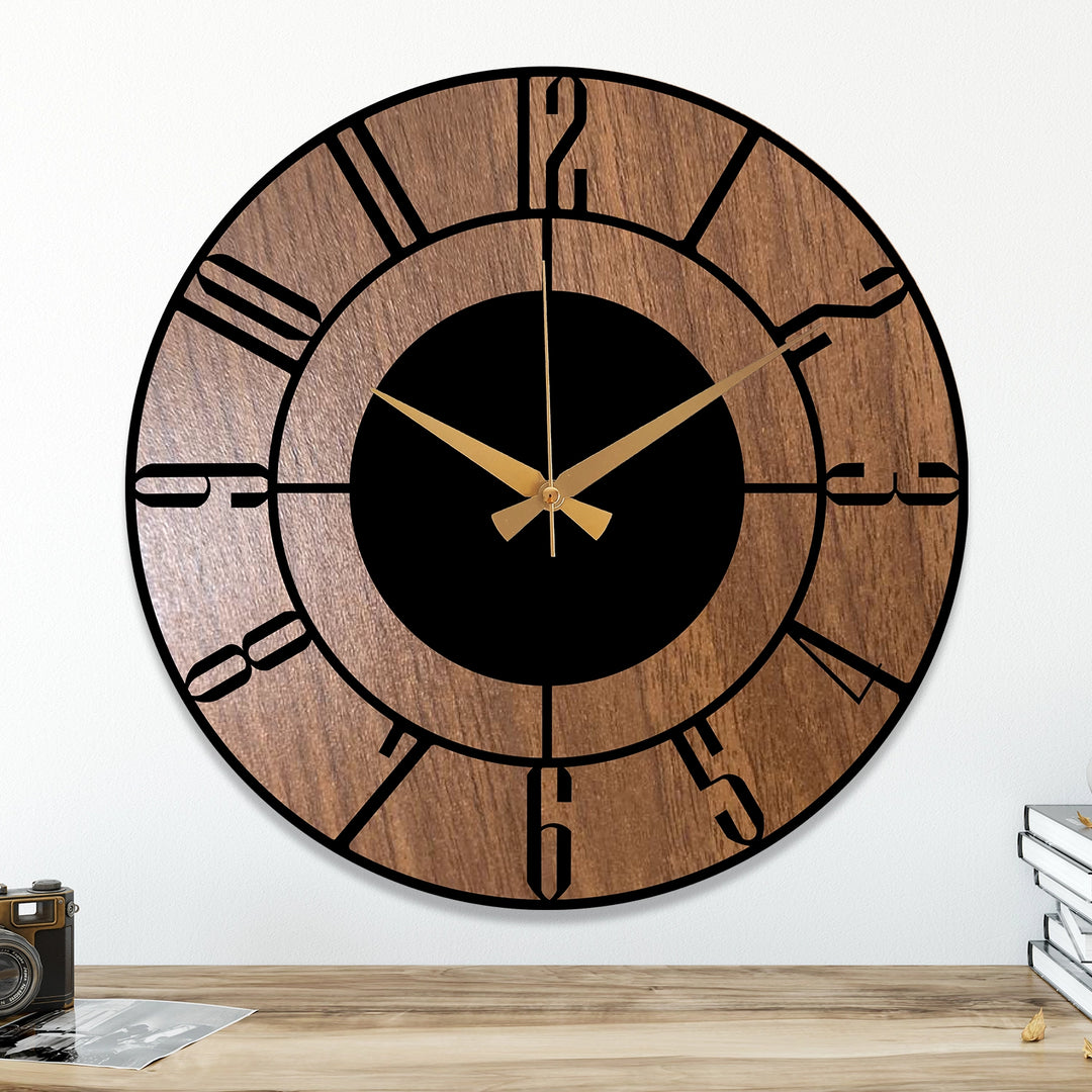 METAL WALL CLOCK WITH WOODEN BACKGROUND