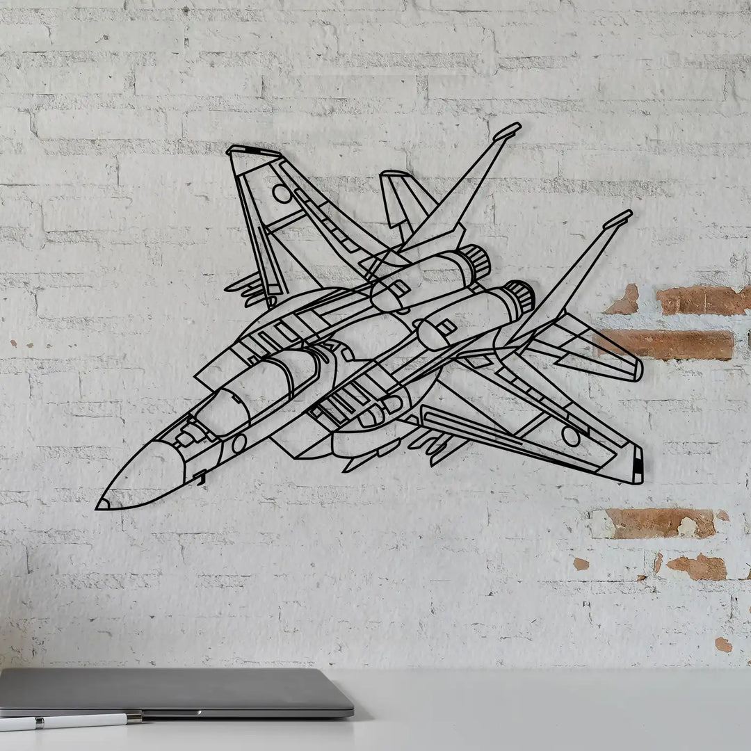 Detailed fighter jet wall art displayed above a modern desk setup.