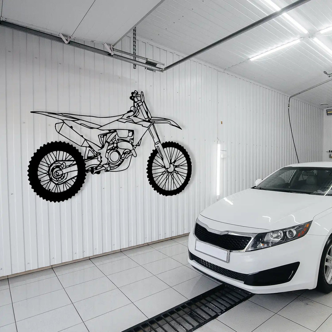 Detailed dirt bike wall art adding rugged charm to a minimalist space.