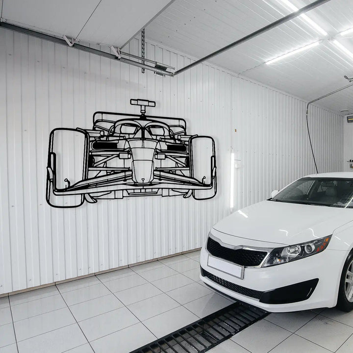 Bold and sleek Formula 1 wall art displayed above a modern beige sofa.