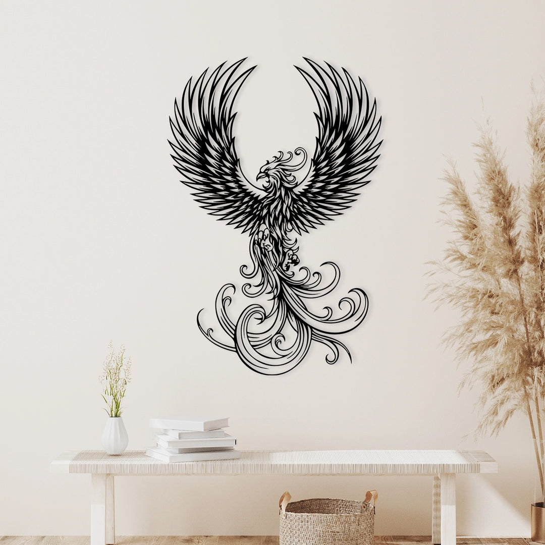 Bold and artistic metal wall art featuring a rising phoenix.