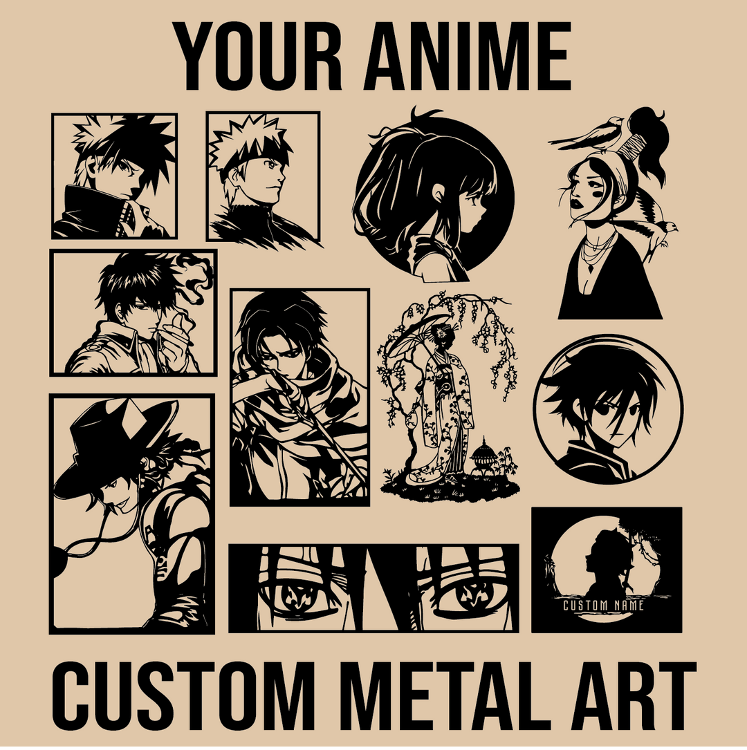 A large metal wall panel composed of silhouettes of favorite anime characters.