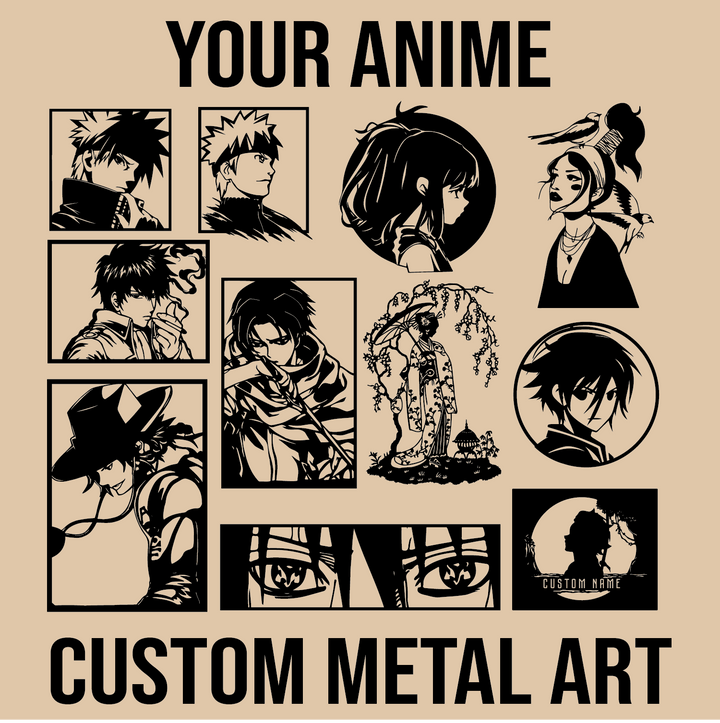 A large metal wall panel composed of silhouettes of favorite anime characters.