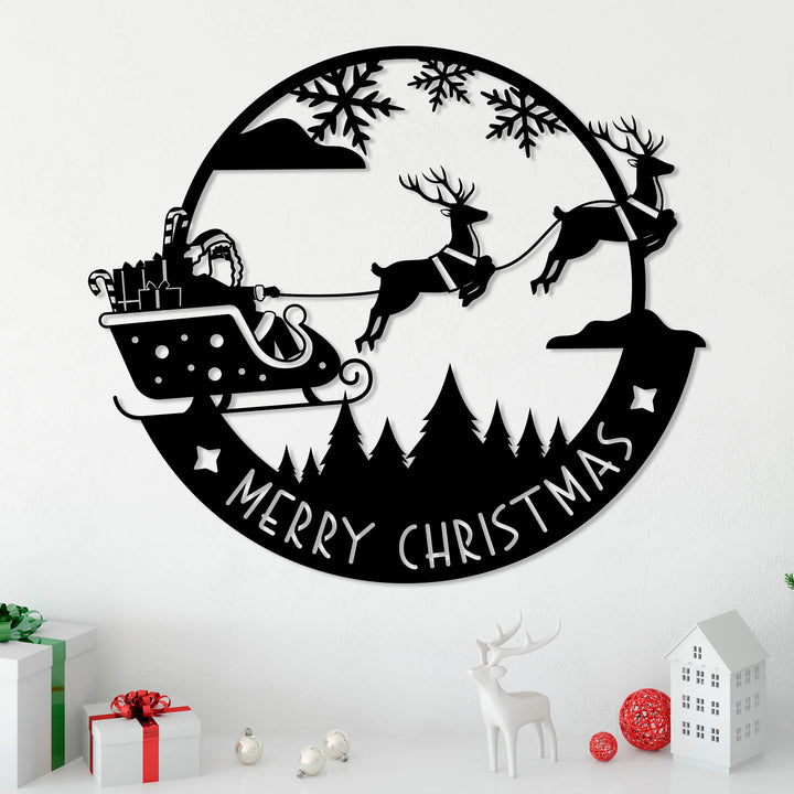 Merry Christmas Metal Wall Art - Santa Riding Sleigh Decor - 1