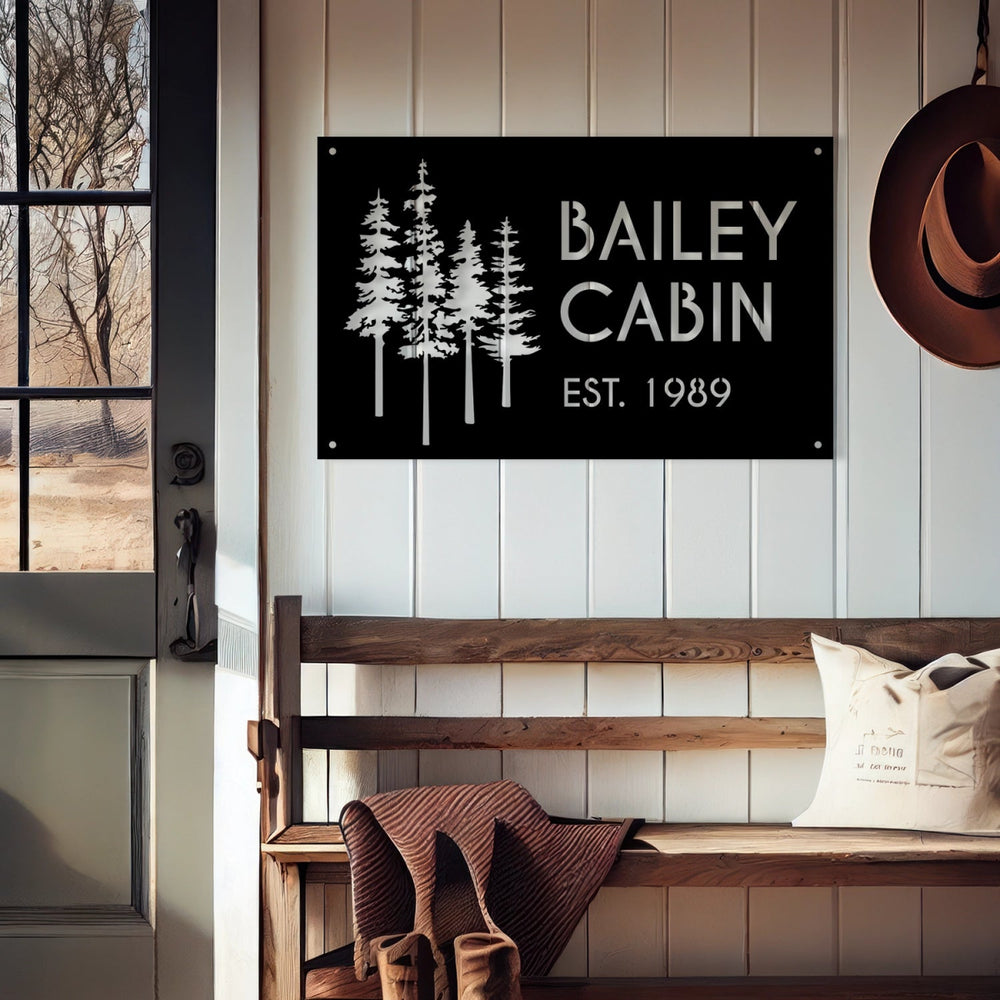 Custom Cabin Metal Sign - Personalized Pine Tree Design Outdoor Decor with Family Name and Year - BrossHome Metal Wall Art