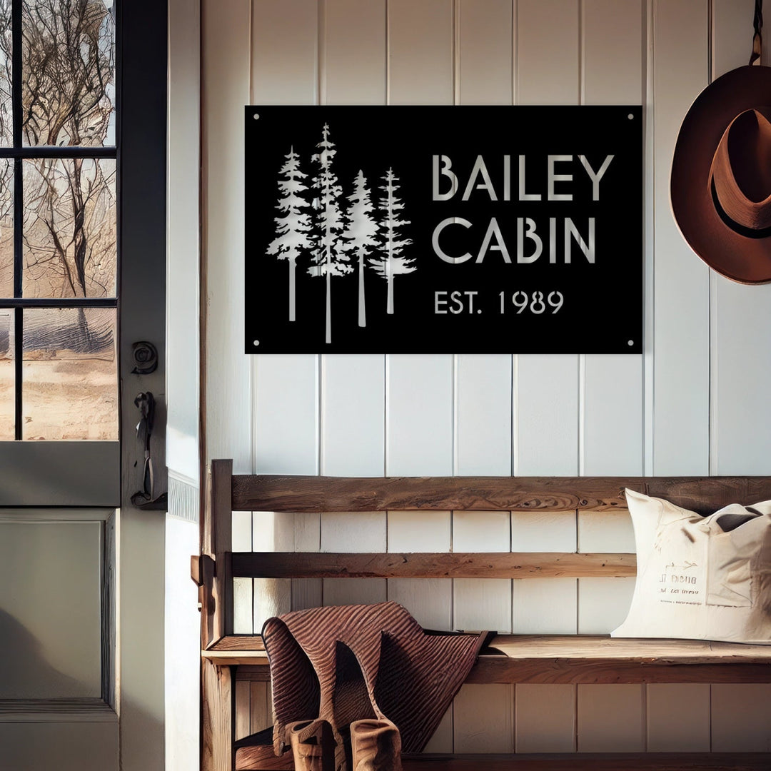 Custom Cabin Metal Sign - Personalized Pine Tree Design Outdoor Decor with Family Name and Year - BrossHome Metal Wall Art