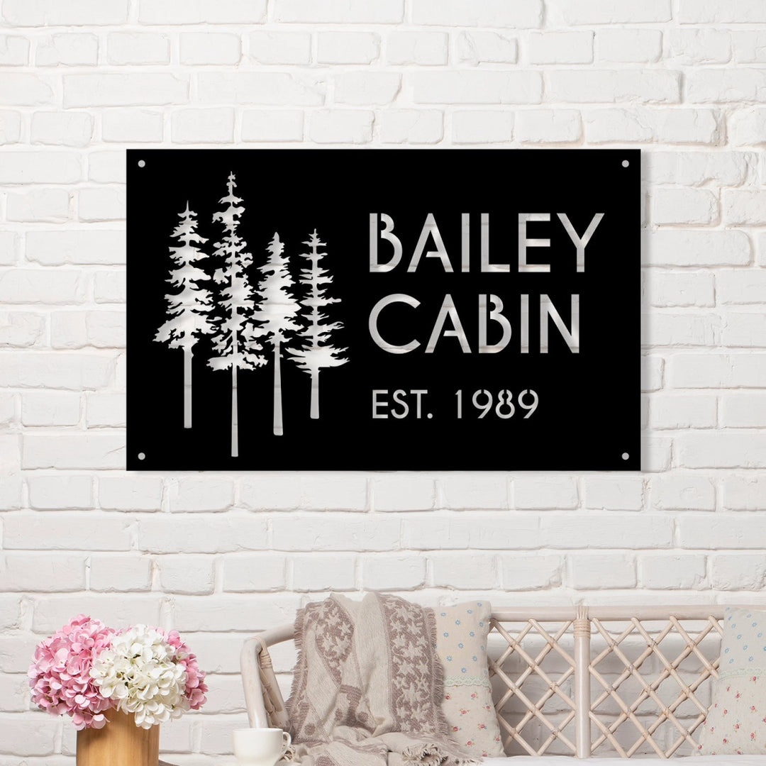 Custom Cabin Metal Sign - Personalized Pine Tree Design Outdoor Decor with Family Name and Year - BrossHome Metal Wall Art