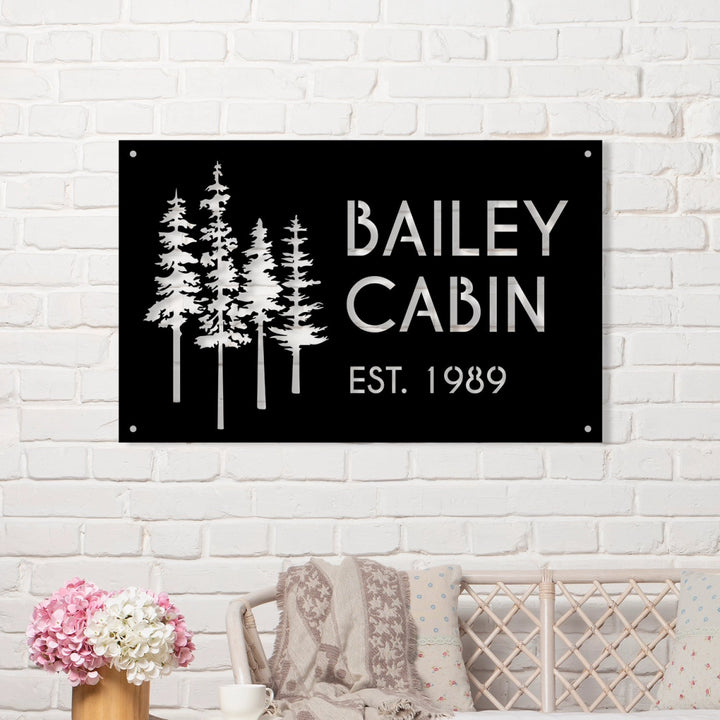 Custom Cabin Metal Sign - Personalized Pine Tree Design Outdoor Decor with Family Name and Year - BrossHome Metal Wall Art