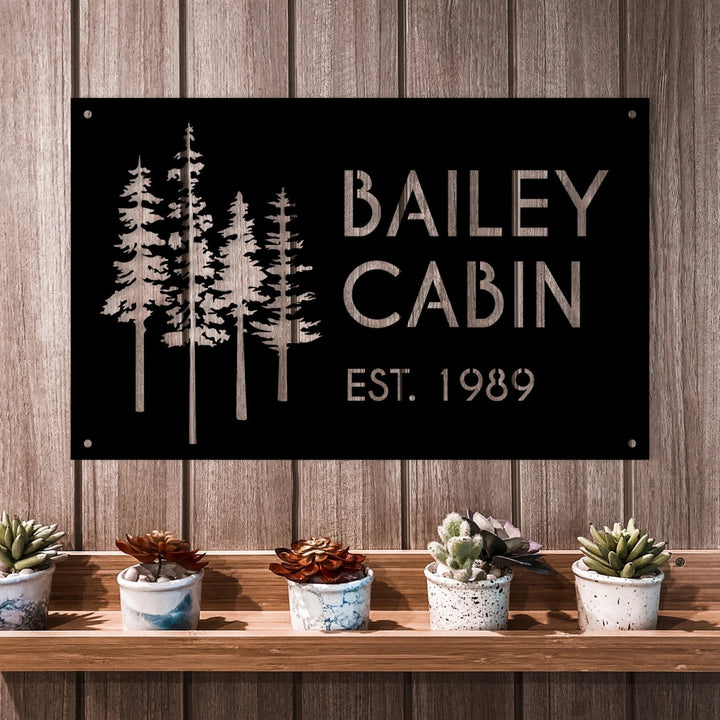 Custom Cabin Metal Sign - Personalized Pine Tree Design Outdoor Decor with Family Name and Year - BrossHome Metal Wall Art