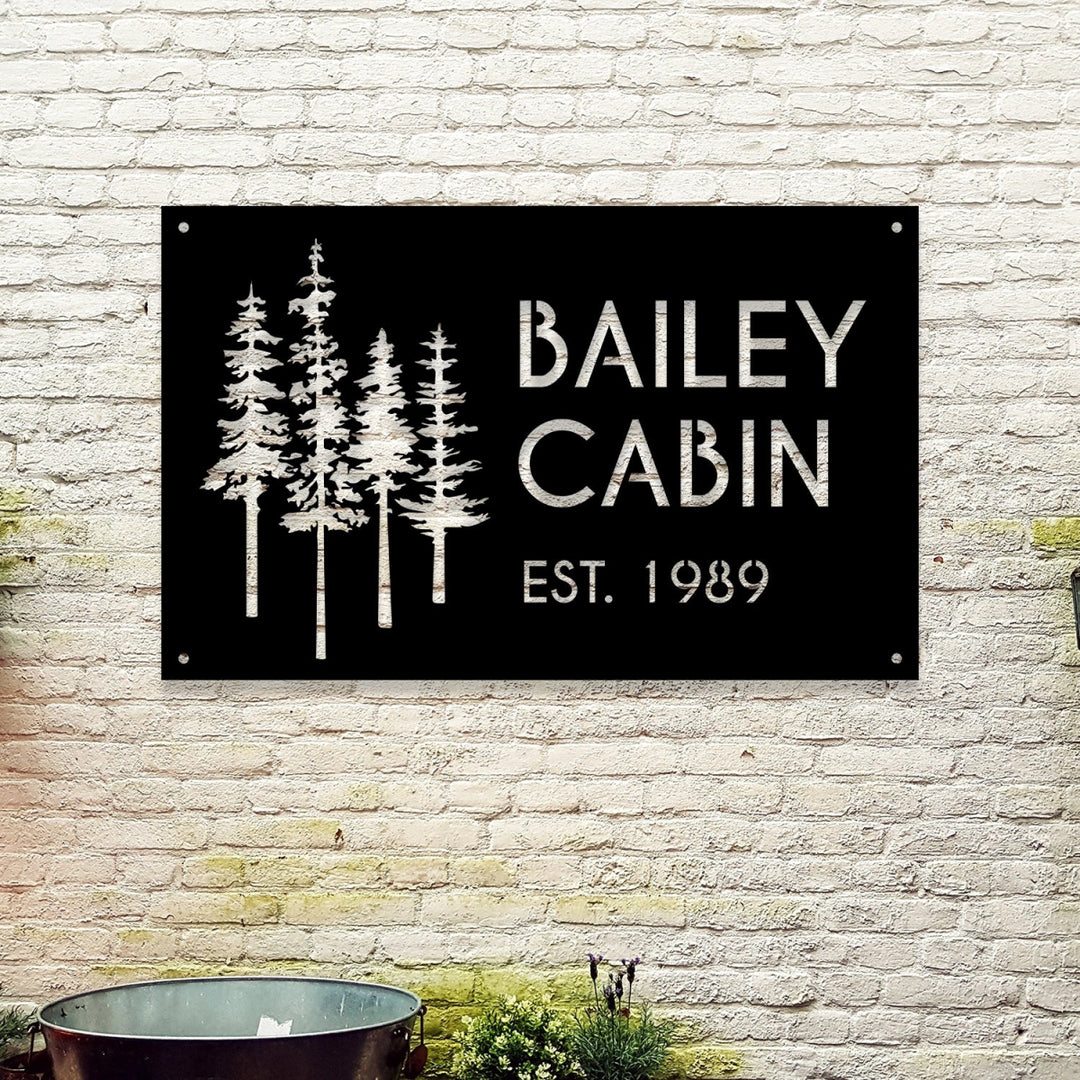 Custom Cabin Metal Sign - Personalized Pine Tree Design Outdoor Decor with Family Name and Year - BrossHome Metal Wall Art