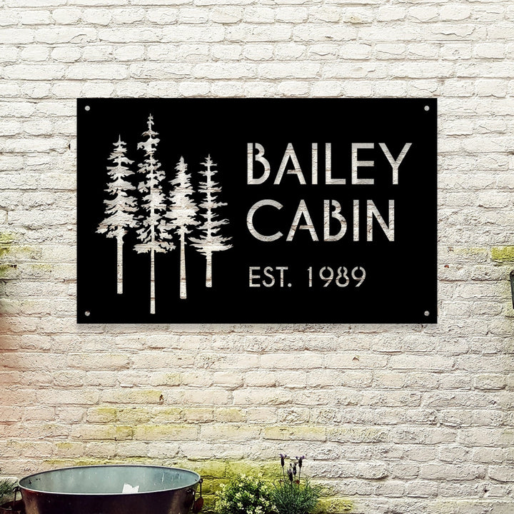 Custom Cabin Metal Sign - Personalized Pine Tree Design Outdoor Decor with Family Name and Year - BrossHome Metal Wall Art