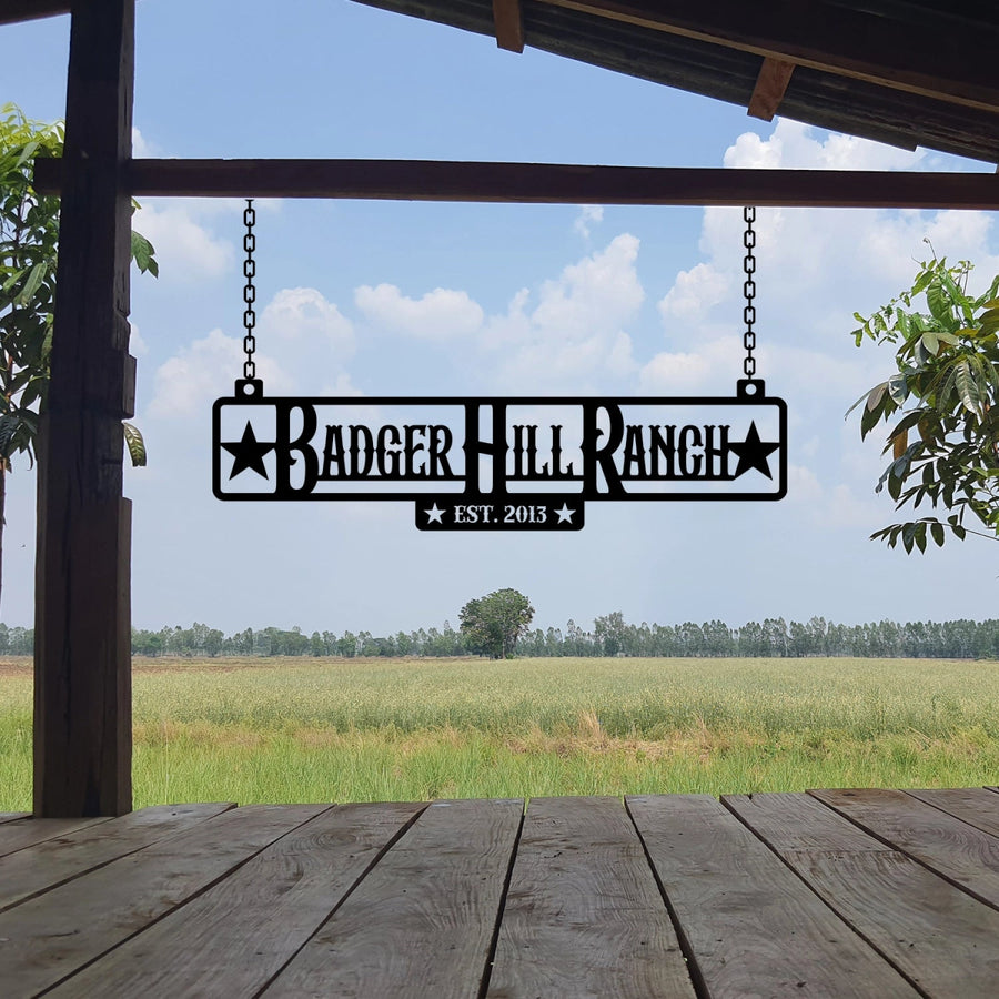 Custom Hanging Ranch Sign - Personalized Metal Outdoor Entrance Plaque with Chains - BrossHome Metal Wall Art