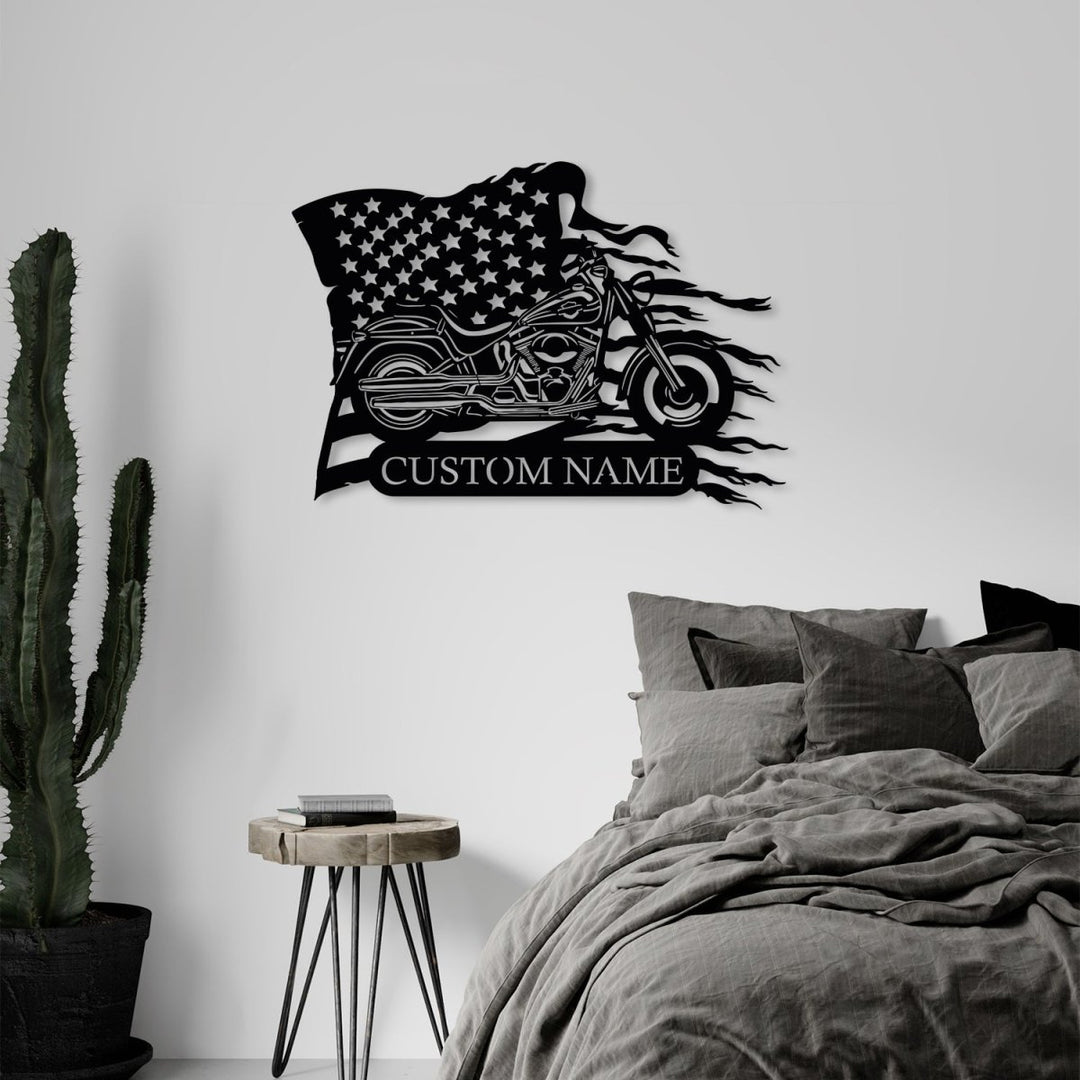 Custom Motorcycle Metal With US Flag Wall Art - BrossHome Metal Wall Art