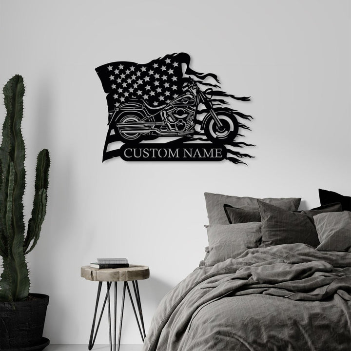 Custom Motorcycle Metal With US Flag Wall Art - BrossHome Metal Wall Art