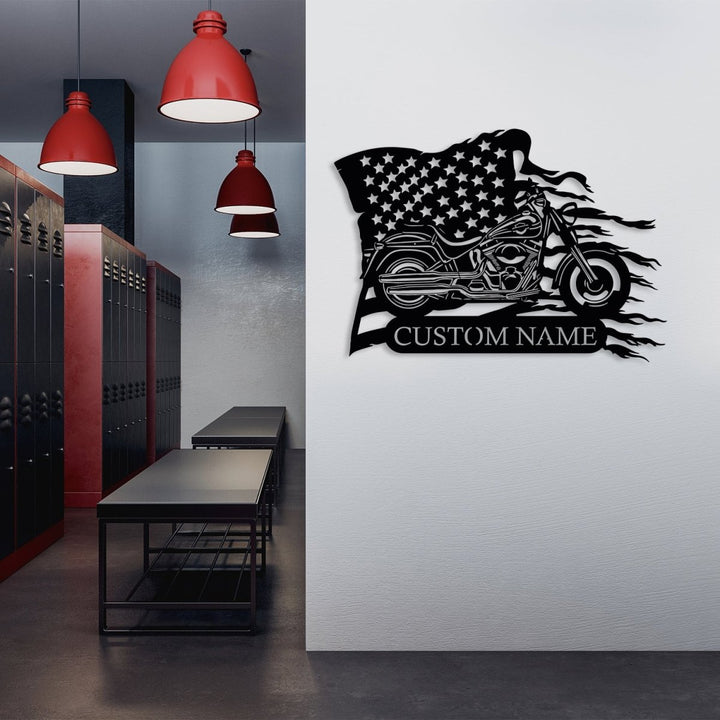 Custom Motorcycle Metal With US Flag Wall Art - BrossHome Metal Wall Art