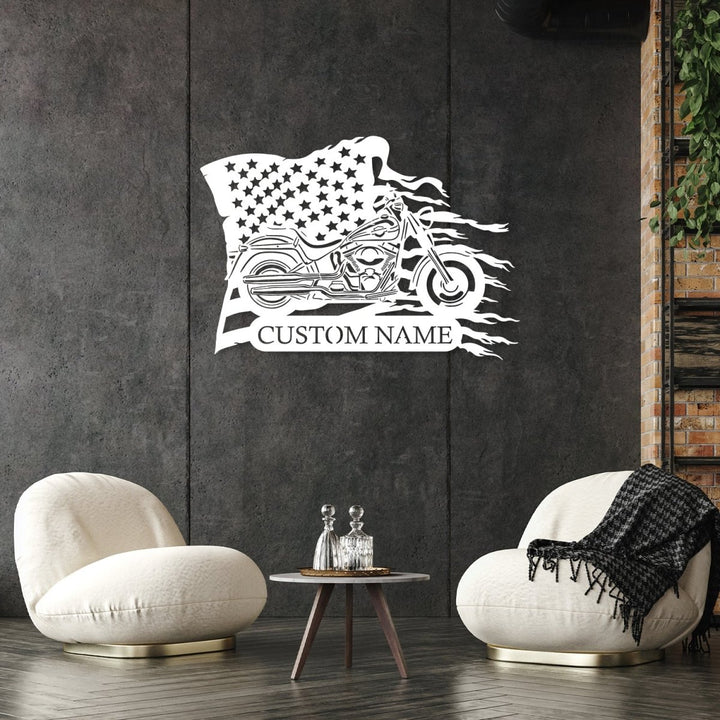 Custom Motorcycle Metal With US Flag Wall Art - BrossHome Metal Wall Art