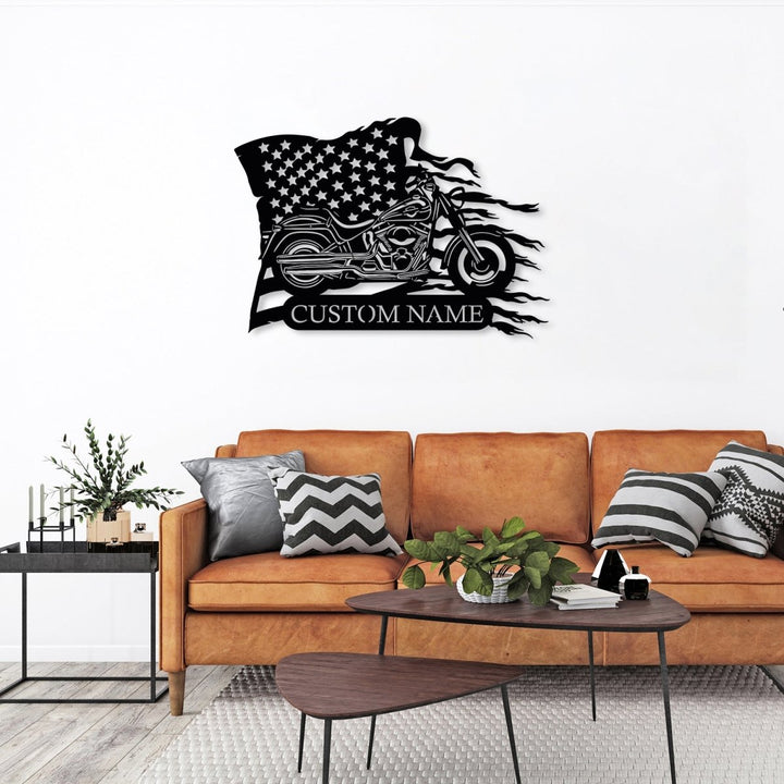 Custom Motorcycle Metal With US Flag Wall Art - BrossHome Metal Wall Art