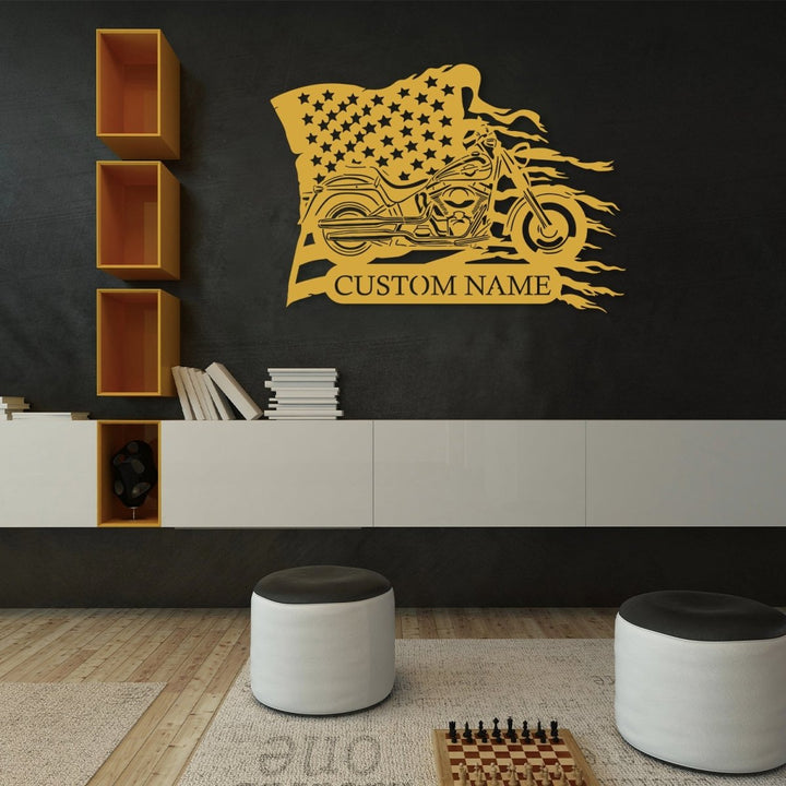 Custom Motorcycle Metal With US Flag Wall Art - BrossHome Metal Wall Art